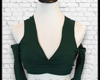 Dark Green Cotton Belly Dance Choli Top: Open/Full/Scoop Back