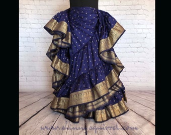 Kaylana NAVY blue with gold banded bottom 25 yard belly dance skirt/Padma/belly dance/4 tiered/renaissance fair/gypsy/bohemian