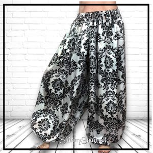 belly dance pantaloons/black and white satin harem pants for tribal fusion/cabaret-3 yard-renaissance-ATS