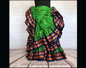 Kelly green silky 25 yard, 4 tiered padma border aishwarya skirt for tribal belly dance and renaissance fair dance costumes