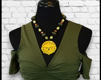 Olive green cotton belly dance choli top available in full or scoop back for salsa, ATS, tribal, and fusion bellydance