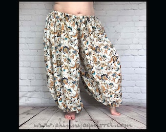 White with multi colored floral block printed belly dance pantaloons or harem pants 3 or 4 yard-renaissance-ATS