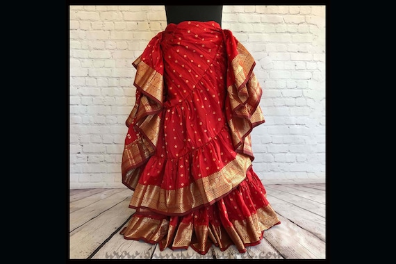 Kaylana ruby red with gold banded bottom 25 yard belly dance skirt/Padma/belly dance/4 tiered/renaissance fair/gypsy/bohemian