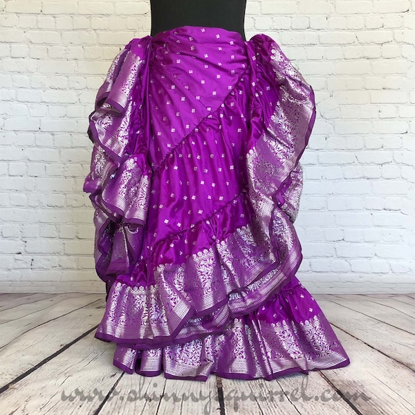 Kaylana Raspberry with silver banded bottom 25 yard belly dance skirt/Padma/4 tiered/renaissance fair/gypsy/bohemian