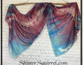 Mauve, dusty pink and turquoise tiger stripe ice dyed silk belly dance veil and cover up