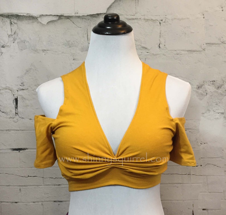 Mustard yellow cotton belly dance choli top available in open, full or scoop back for ATS, ITS, salsa.fusion,tribal bellydance image 1