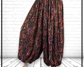 belly dance harem pants/ black with bright paisley/ tribal/fusion/ cabaret/bellydance pantaloons