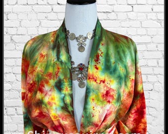 Hand Tie-Dyed Rayon Kimono Robe: Orange, Yellow, Red & Green
