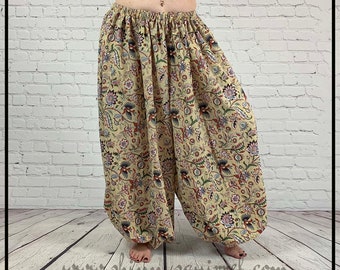 Cream with multi colored flowers block printed belly dance pantaloons or harem pants 4 yard-renaissance-ATS