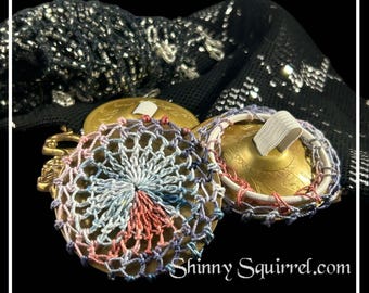 Crocheted Zill Covers:  Finger Cymbal Mufflers (Set of 2) denim blue and mauve