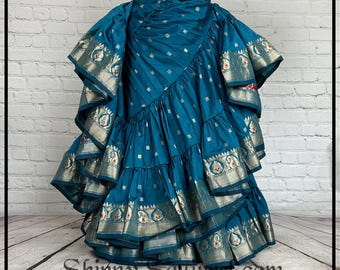 The new Padma Kaylana teal with gold banded bottom 25 yard belly dance skirt/Padma/belly dance/4 tiered/renaissance fair/gypsy/bohemian