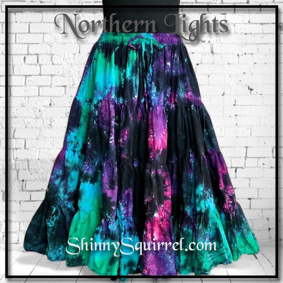 25 or 32 yard skirt/cotton/4 tiered/Tie dyed/ northern lights/turquoise  blue, green, black/belly dance, gypsy, bohemian