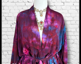 The Berry Patch Hand Ice Tie-Dyed Rayon Kimono in purple, pink, turquoise and raspberry