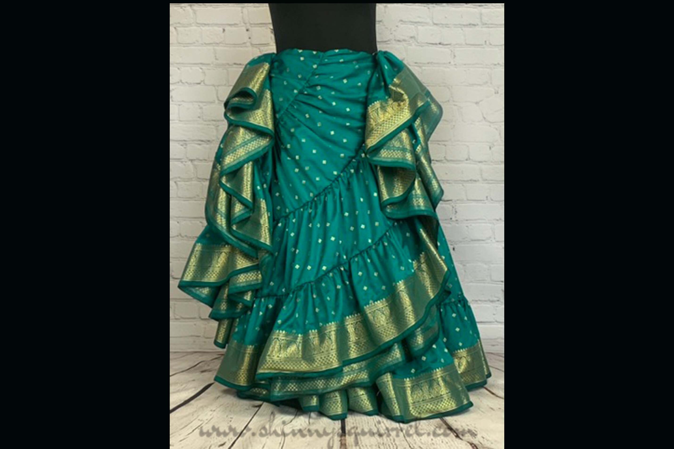 Kaylana teal with gold banded bottom 25 yard belly dance skirt/Padma/belly dance/4 tiered/renaissance fair/gypsy/bohemian