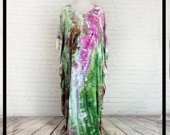 Womens caftan swimsuit cover and lounge wear- green, pink, brown geode ice dye