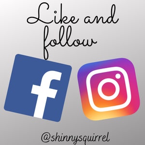 May include: Image with the text "Like and follow" in black cursive font. Below the text are two social media icons: a blue Facebook icon and a multi-colored Instagram icon. The text "@shinnyssquirrel" is below the icons.
