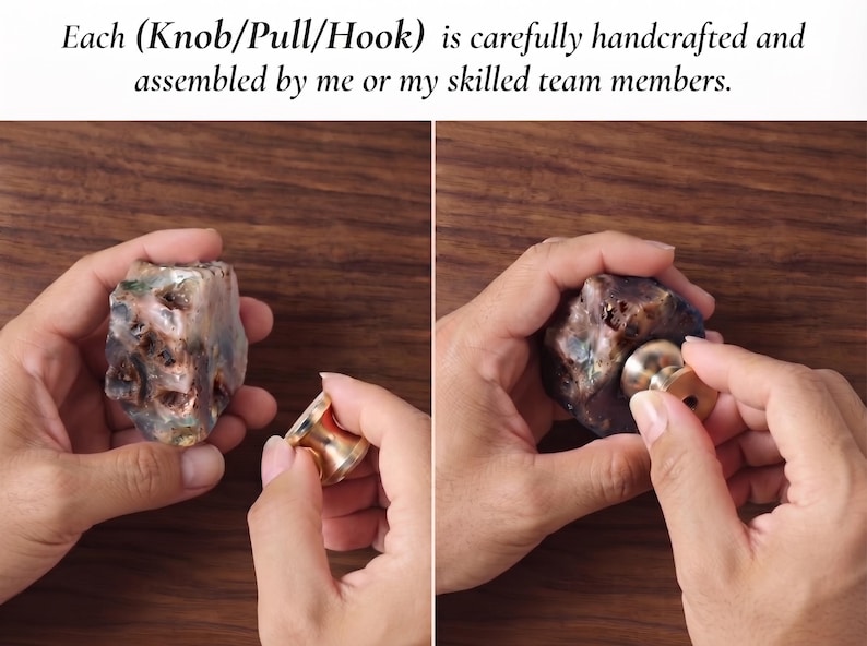 May include: A decorative cabinet knob featuring a raw, multi-colored stone with a textured, irregular surface attached to a polished gold-tone metal base. The text above reads: Each (Knob/Pull/Hook) is carefully handcrafted and assembled by me or my skilled team members.