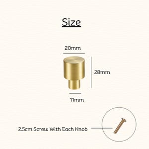 May include: A cylindrical gold-toned metal knob with a brushed finish. The knob measures 20mm in diameter at the top, 11mm at the base, and 28mm in height. A 2.5cm screw is included with each knob, as indicated by the text and visual diagram.