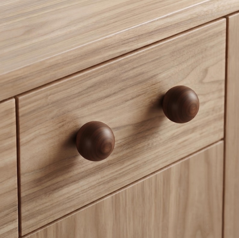 May include: A light-toned wooden drawer front featuring two dark brown, spherical wooden knobs. The drawer is constructed from wood with a visible grain pattern, and the two round knobs are mounted horizontally on the flat surface of the drawer.