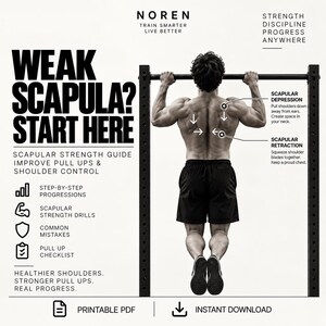 May include: A black and white instructional graphic titled WEAK SCAPULA? START HERE. It features a person performing a pull-up on a bar, with arrows and text explaining SCAPULAR DEPRESSION and SCAPULAR RETRACTION. Includes lists of strength drills.