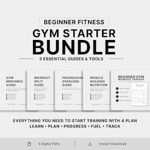 Puede incluir: Un paquete digital titulado Beginner Fitness Gym Starter Bundle con 5 guías y herramientas esenciales. Incluye guías sobre máquinas de gimnasio, rutinas de entrenamiento, sobrecarga progresiva, nutrición muscular y un rastreador de ejercicios.