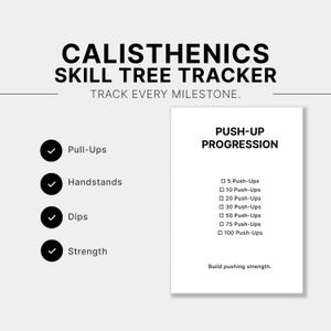 May include: A white Calisthenics Skill Tree Tracker chart with black text. The left side lists Pull-Ups, Handstands, Dips, and Strength with checkmarks. The right side displays a Push-Up Progression checklist from 5 to 100 push-ups.