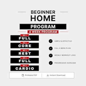 Beginner Home Workout Program PDF|4 Week Bodyweight Workout Plan|No Equipment Fitness Routine|Home Exercise Planner | Printable Workout Log