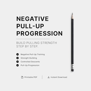 Może przedstawiać: Dokument cyfrowy zatytułowany NEGATIVE PULL-UP PROGRESSION z podtytułem BUILD PULLING STRENGTH STEP BY STEP. Zawiera punkty treningowe, w tym Negative Pull-Up Training, Strength Building, Controlled Descents i Pull-Up Progression, obok ikony czarnego ołówka oraz tekstu Printable PDF i Instant Download.