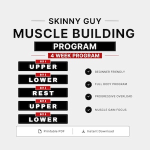 Skinny Guy Muscle Building Program PDF | 4 Week Beginner Workout Plan | Hardgainer Training Routine Upper Lower Split Printable Gym Program