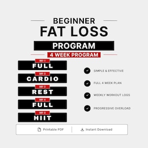 May include: A digital graphic for a Beginner Fat Loss Program, a 4-week plan. It lists days 1 through 5 with activities like Full, Cardio, Rest, and HIIT in black and red boxes. Features include simple and effective, full 4-week plan, weekly workout logs, and progressive overload. Includes printable PDF and instant download text.
