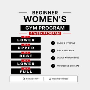 Women's Gym Program PDF | Beginner Workout Plan | 4 Week Training Program | Weekly Workout Log | Printable Fitness Planner