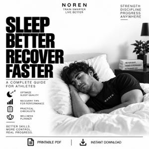 Könnte beinhalten: Eine schwarz-weiße digitale Grafik mit dem Text SLEEP BETTER RECOVER FASTER A COMPLETE GUIDE FOR ATHLETES. Sie enthält Symbole für Schlaf, Leistung, Checklisten und Wellness sowie den Markennamen NOREN und den Text PRINTABLE PDF INSTANT DOWNLOAD.