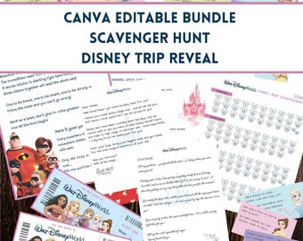 Búsqueda del tesoro para niñas para descubrir el viaje a Disney / 19 pistas, letras editables, calendario de cuenta regresiva y boleto