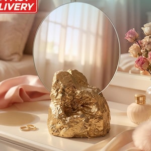 Gold Desk Mirror, Decorative Tabletop Mirror, Small Round Vanity Mirror, Unique Abstract Makeup Mirror, Bohemian Desktop Home Decor