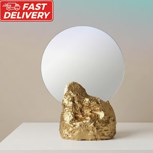 Gold Desk Mirror, Decorative Tabletop Mirror, Small Round Vanity Mirror, Unique Abstract Makeup Mirror, Bohemian Desktop Home Decor