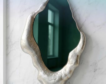 Silver Asymmetrical Mirror, Wavy Wall Decor, Irregular Maximalist Design, Funky Accent Piece, Metallic Functional Art