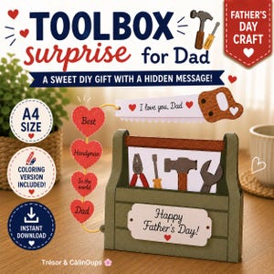 Peut inclure: Un bricolage en papier représentant une boîte à outils verte avec l'étiquette Happy Father's Day, une scie coulissante avec le texte I love you, Dad, et quatre cœurs rouges portant les inscriptions Best, Handyman, In the world et Dad.