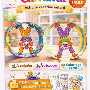 Pode incluir: Um kit de artesanato "Mini pack Carnaval" para crianças. A imagem apresenta dois desenhos de rodas com tema de palhaço, com instruções para colorir e recortar. Inclui uma página para colorir de bónus e download instantâneo em PDF.