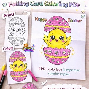 Peut inclure: PDF de coloriage de carte pliante Surprise de Pâques imprimable. L'image montre un poussin sortant d'un œuf décoré. Le texte dit "Joyeuses Pâques" et "Bricolage de Pâques amusant pour enfants!"
