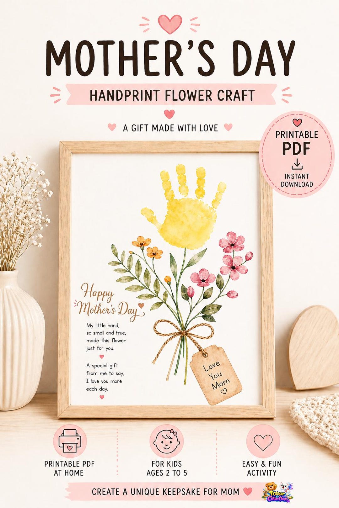 Mother's Day Handprint Flower Craft Printable, Kids DIY Gift for Mom