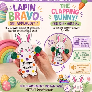 Peut inclure: Kit d'activité de Pâques en forme de lapin blanc avec des pois colorés et le texte "Happy Easter". Le kit comprend des poids en bouchons verts et les mots "The Clapping Bunny!" et "Fun DIY - Ages 2+".