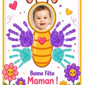 Peut inclure: Une carte de fête des mères colorée avec la photo d'un bébé dans un design en forme d'abeille, des empreintes de mains et le texte "Bonne Fête Maman !" entouré de fleurs et de cœurs. La carte a un fond blanc avec une bordure jaune.