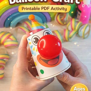 Clownballon knutselwerkje printbaar PDF, activiteit voor peuters vanaf 2 jaar, makkelijk knutselwerkje voor kinderen, doe-het-zelf voor kleuters, activiteit voor fijne motoriek, circus knutselsjabloon