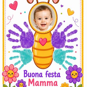 May include: A colorful Mother's Day card featuring a baby's photo in a butterfly design made of handprints. The card includes the text "Buona festa Mamma" and is decorated with flowers and hearts.