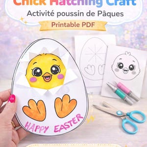 Peut inclure: Un projet de bricolage en papier imprimable représentant un poussin jaune sortant d'un œuf blanc avec le texte Happy Easter. L'ensemble comprend des modèles en noir et blanc, une paire de ciseaux bleus et deux stylos pour l'assemblage.