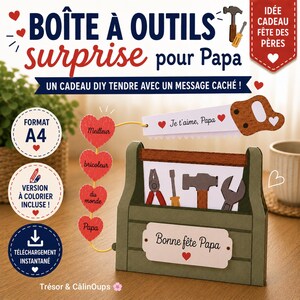 以下が含まれることがあります： Bonne fête Papaと書かれたラベル付きの緑色のツールボックス、Je t'aime, Papaと書かれた鋸、Meilleur bricoleur du monde Papaと書かれた4つの赤いハートのチェーンを備えたDIYペーパークラフトキット。A4サイズが含まれています。