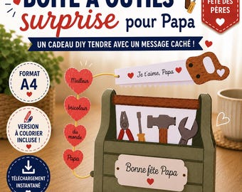 Boîte à outils surprise pour Papa | Cadeau fête des pères à imprimer | PDF A4 | Activité enfant | Bricolage maternelle | Version à colorier