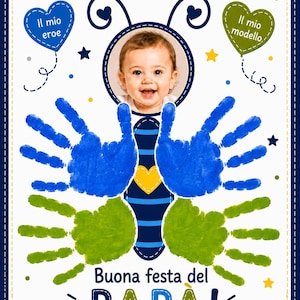 May include: A personalized Father's Day print featuring a central circular photo of a baby, surrounded by blue and green handprint butterfly wings. The design includes blue and green hearts with text, yellow and blue stars, and the text Buona festa del PAPA!