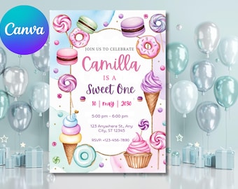 Faire-part d'anniversaire, bonbons et cupcakes (Imprimable modifiable Bir340)