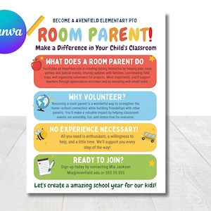 Puede incluir: Un folleto colorido que promueve el papel de un padre de aula. El texto "ROOM PARENT!" se muestra en letras grandes y multicolores. El folleto incluye información sobre las responsabilidades, los beneficios y los requisitos del rol, con información de contacto para registrarse.